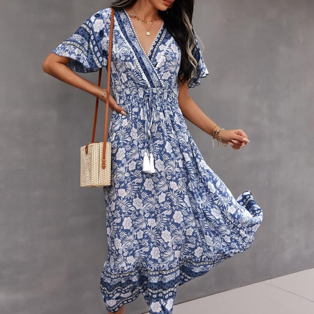 Boho Yellow Floral Print Butterfly Sleeve Midi Dress Cottagecore - Picture 10 of 13